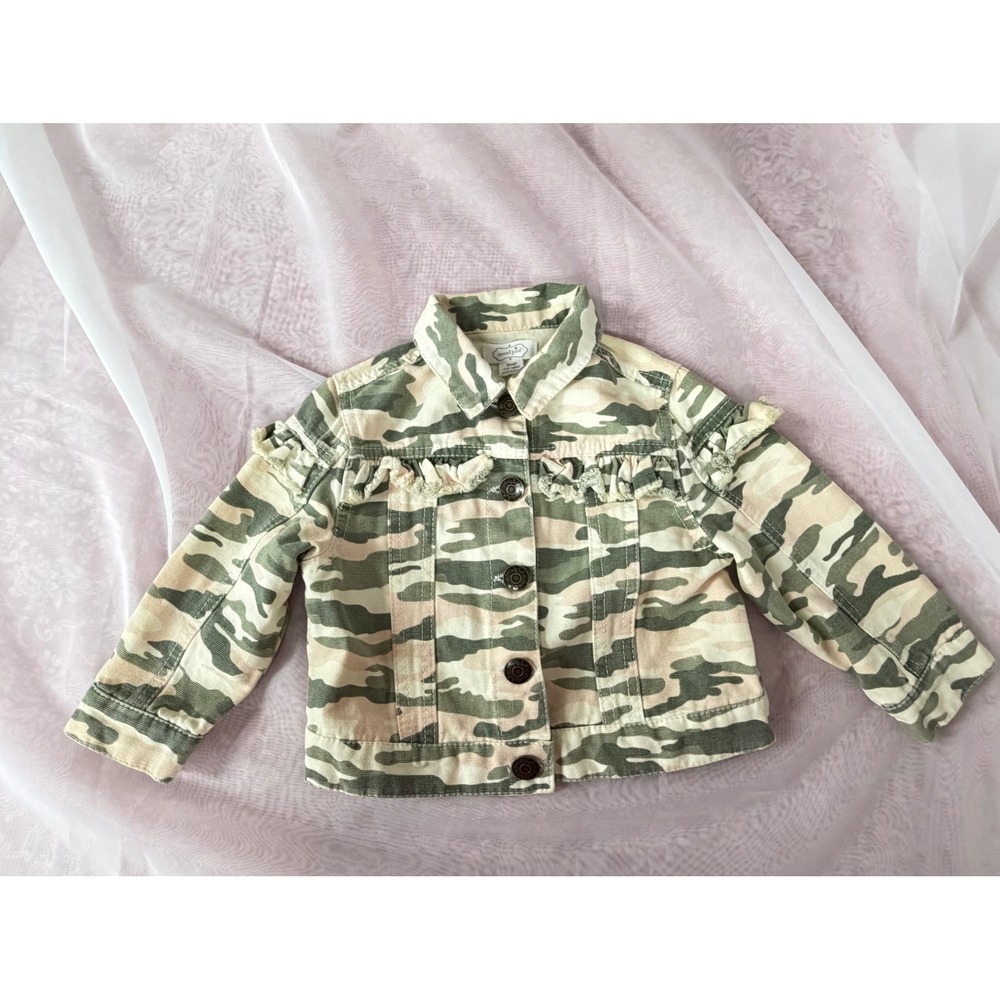 Mud Pie Toddler Girls Camo Ruffle Jacket Green Pink Camouflage 12-18M Small